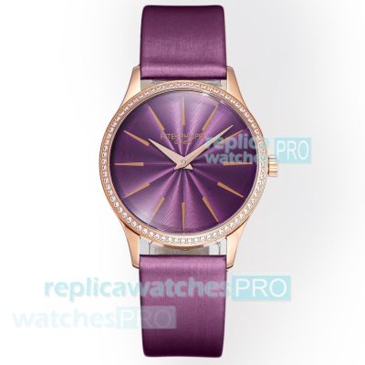 Swiss Replica Patek Philippe Calatrava 35mm Purple Dial Diamond Bezel Watch 